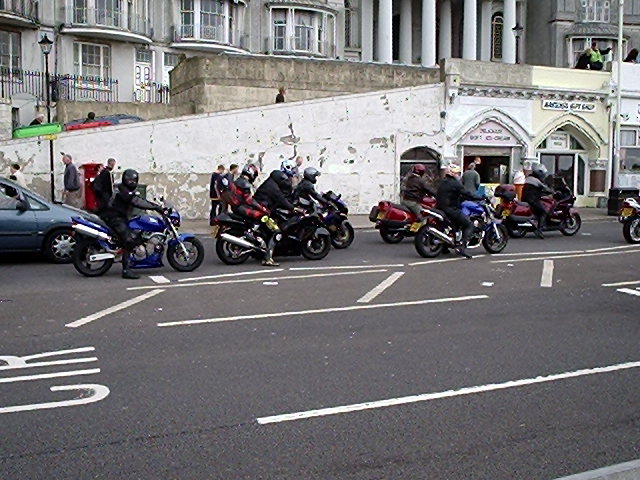 Bikes waiting to enter the now already full car park - Hastings May Day 2004 Bikes waiting to enter the now already full car park - Hastings May Day 2004
