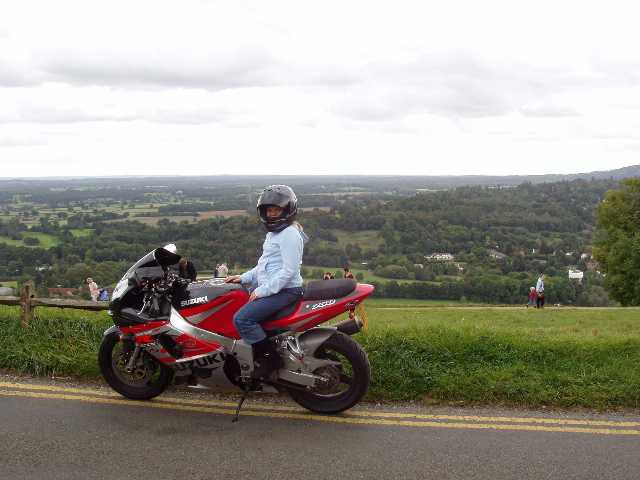 My daughter on top of Boxhill on my Gixer750